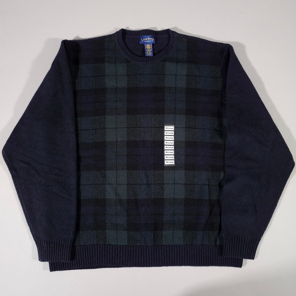 Club Room Sweater Mens XXL Blue Green Plaid 100% Lambswool Crewneck Knit